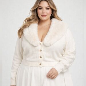Retro Chic by Torrid Faux Fur Trimmed Cardigan Size 4X White Sweater EUC